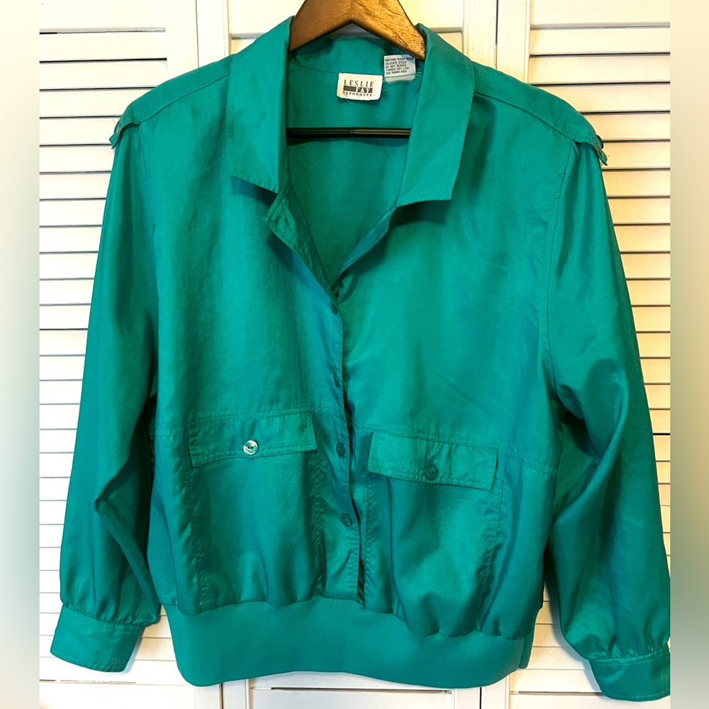 Vintage 80s Bomber Shirt Jacket by Leslie Fay Separates Teal shoulder pads L
